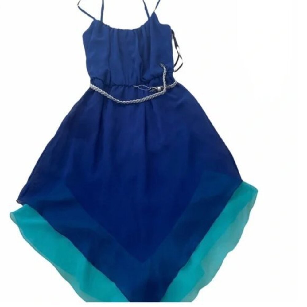 NWOT Love Reign Asymmetrical Belted Dress in Blue&Green. S